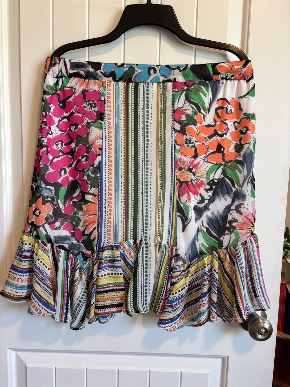 Melissa Paige Multicolor Floral & Stripe Midi Skirt - Pink, Orange, Green, Blue